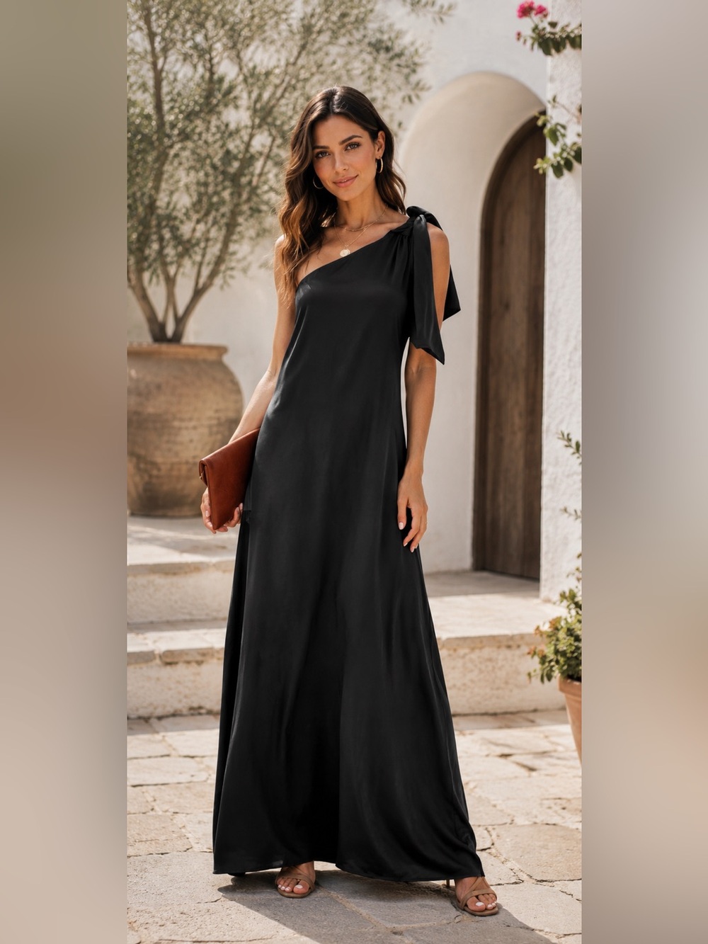 Women’s Summer One-Shoulder Tie Maxi Dress High Slit Flowy Long Dress Size L